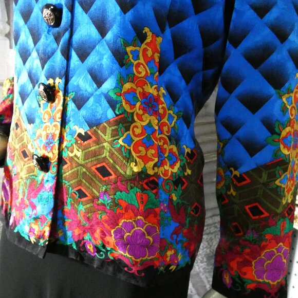 Anne Crimmins Silk Blazer Jacket Silk Lined Sz 16 Blue with Rainbow Color Design - Picture 3 of 9